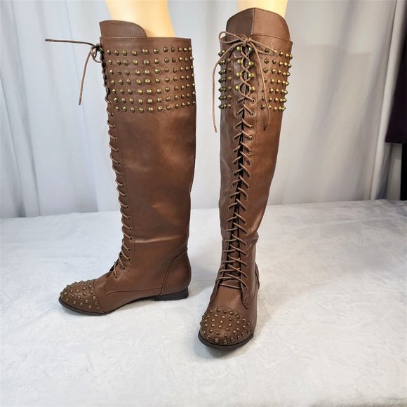 Pink Dutchess Chunky Heel Lace-Up Over The Knee Riding Boots With Studds - Picture 1 of 9